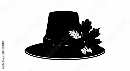 Black pilgrim hat adorned with fall leaves, symbolizing Thanksgiving