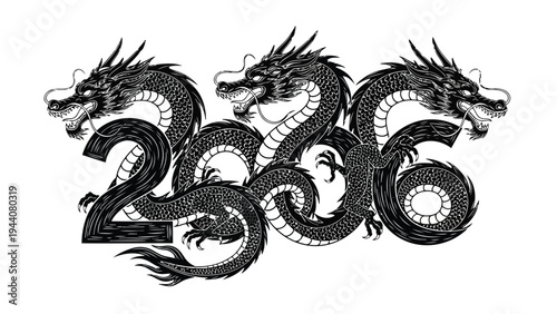 Elegant black and white dragon-themed design featuring the year 2036 Vector