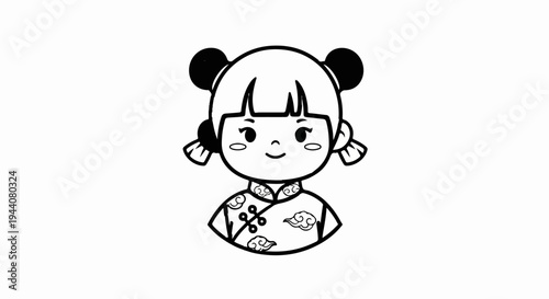 Adorable cartoon girl with hair buns and traditional cloud-patterned clothing