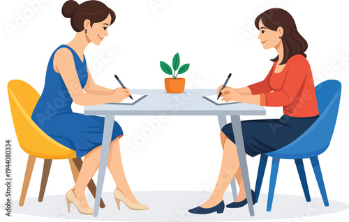 Two professional women having a business meeting at a modern table with a small potted plant
