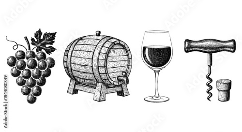 Vintage wine making elements: grapes, barrel, glass, and corkscrew in stipple art style