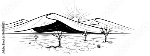 A stark desert landscape with cracked earth, barren trees, and rising sun