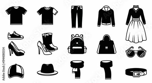 A collection of various clothing items and accessories