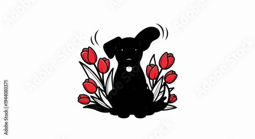 Black silhouette of a happy dog sits surrounded by vibrant red tulips