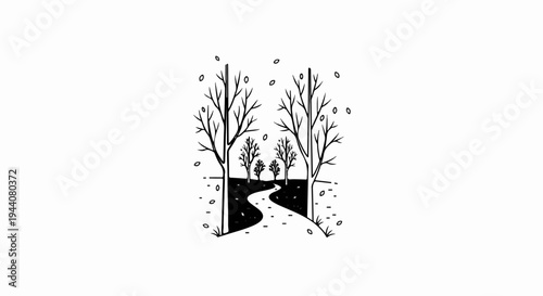A stark, minimalist line drawing depicts a winding path through a bare, autumnal forest