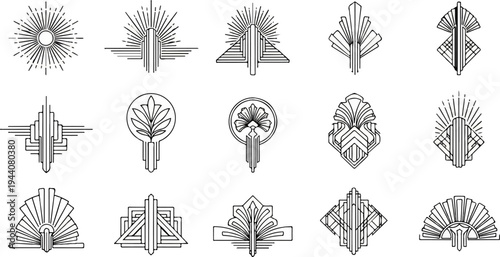 A collection of vintage art deco ornamental emblems and decorative elements
