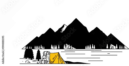 A minimalist, black and white illustration of a mountain range with a tent and backpack