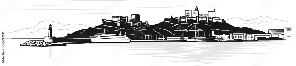 Obraz premium A monochrome panoramic view of a harbor with a lighthouse, a large vessel, and buildings on a hill