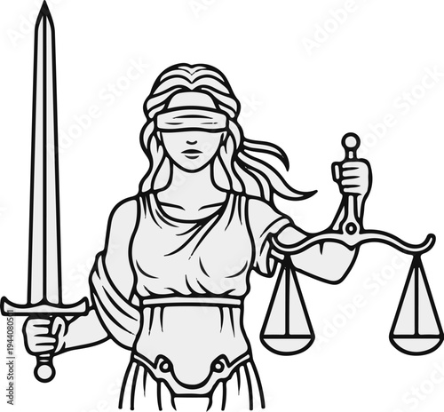 Blindfolded woman holds sword and scales of justice, symbolizing fairness and law