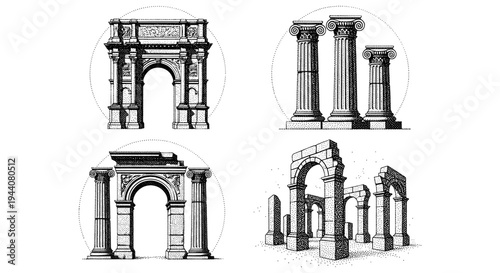 Collection of ancient Roman architectural elements and ruins in a vintage illustration style