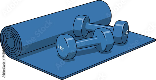 Blue exercise mat with two 2kg dumbbells, ready for a workout