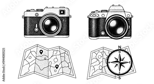 Vintage cameras and maps with compass for travel and exploration