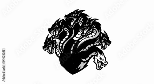 A striking black and white illustration of a multi-headed serpent