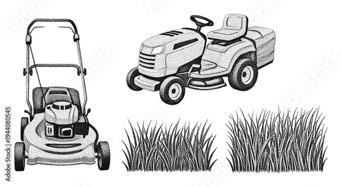 Illustration of a push mower and riding mower with grass patches in stipple art style
