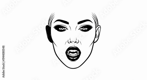 A striking monochrome illustration of a woman with fangs and dramatic eye makeup