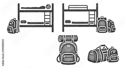 Bunk beds and camping gear icons, representing travel and accommodation for adventurers