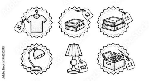 Hand-drawn icons of items for sale at a garage sale or flea market