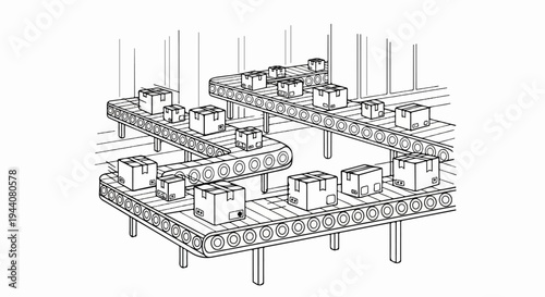 Boxes moving along curved, tiered conveyor belts in a warehouse