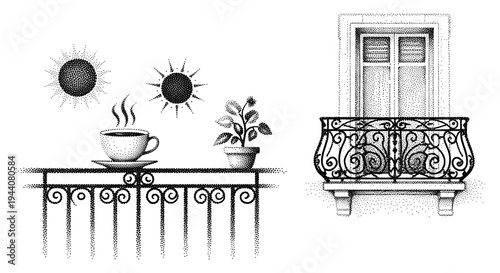Stippled illustration of a morning coffee on a balcony with a potted plant and a window