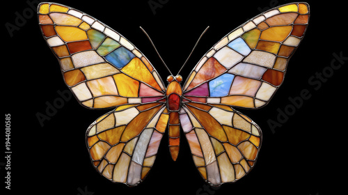 Geometric butterfly stained glass art features vibrant colors and intricate patterns, showcasing beauty and craftsmanship