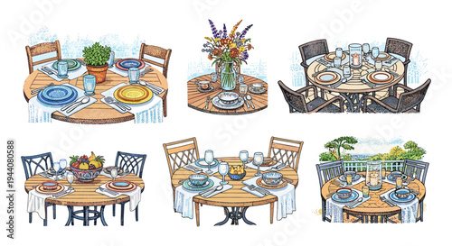 Collection of beautifully set outdoor dining tables for various occasions and settings