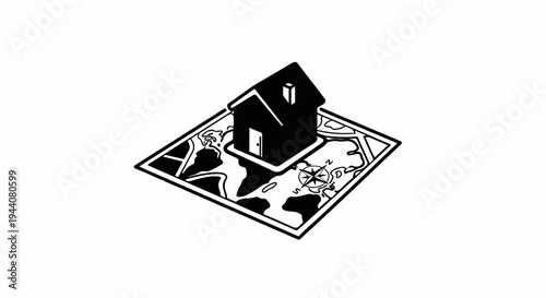 A dark house sits atop a map with a compass rose, symbolizing global roots