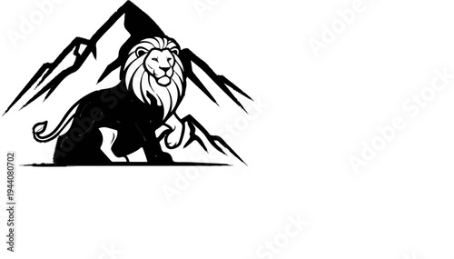 Majestic lion with a flowing mane stands proudly against jagged, stylized mountain peaks