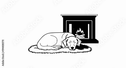 A peaceful dog sleeps soundly on a rug by a cozy fireplace with a glowing fire