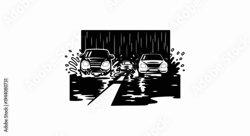 Cars driving through heavy rain and splashing through puddles on a road