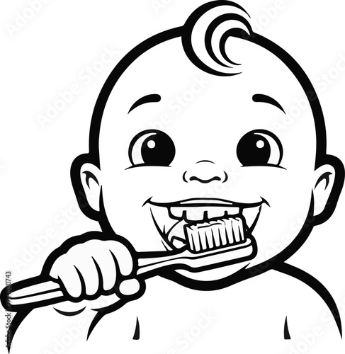 Cartoon baby with a toothbrush in its mouth, smiling