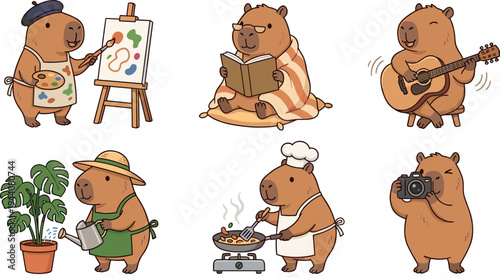 Set of Cute Capybara Illustrations in Creative Hobbies, including Painting, Reading, Playing Guitar, Cooking, Gardening, and Photography for Fun, Animal, and Leisure Designs