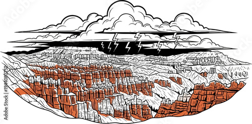 Dramatic storm clouds loom over a vibrant, layered canyon landscape