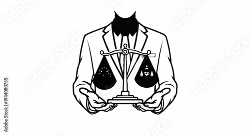 A person in a suit holds scales of justice with symbols of life, love, and profession