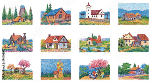 Charming village scenes rendered in a vibrant pointillist art style