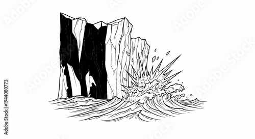 Dramatic wave crashes against a jagged cliff face