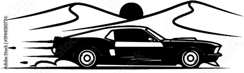 A stylized black car speeds across a desert landscape at sunset