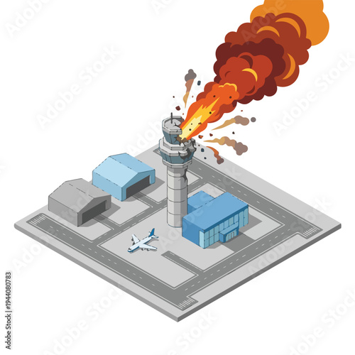 isometric vector flat of an airport damaged by fire from a missile attack 5