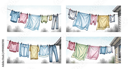Clothes drying on a clothesline in the wind, a common household chore illustration