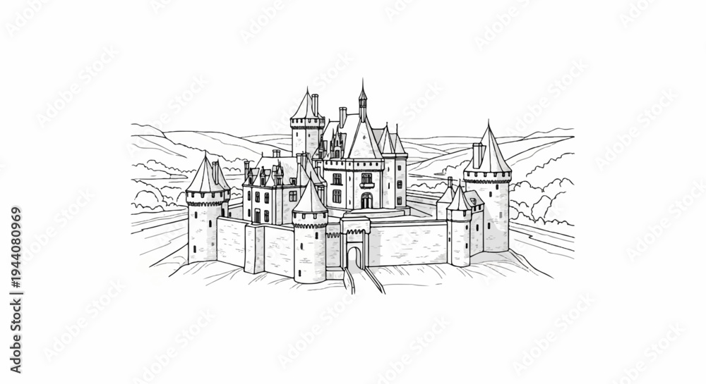 Fototapeta premium An old stone castle with multiple towers and battlements stands majestically