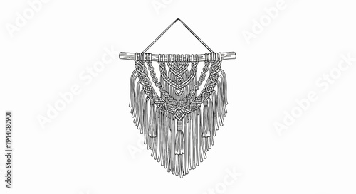 Elaborate macrame wall hanging with tassels, intricately knotted on a wooden rod