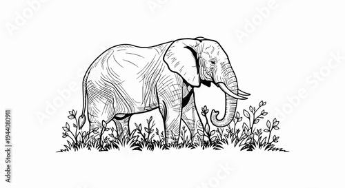 An artistic sketch of an elephant stands among foliage