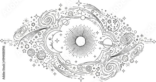 Celestial artwork features a crescent moon, sun, planets, galaxies, stars, and nebulae