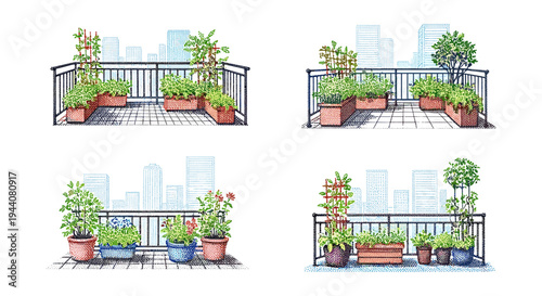 Urban rooftop gardens with potted plants and city skyline in the background