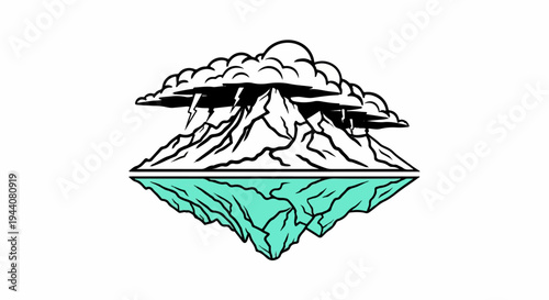 A stylized depiction of a mountain under a stormy sky, reflected in turquoise