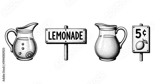 Vintage lemonade stand illustration with pitchers and signs in a dot art style