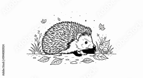 Charming hand-drawn illustration of a hedgehog amidst autumnal foliage