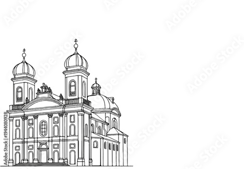 Elaborate neoclassical building with multiple domes and ornate facade, rendered in outline