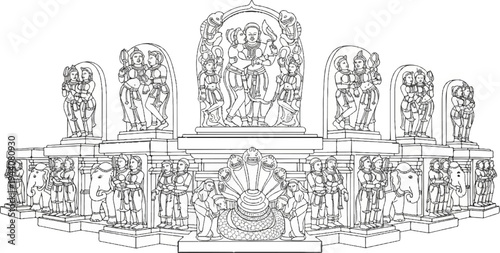 Elaborate ancient stone sculpture depicts divine figures, musicians, and mythical creatures