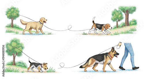 Four dogs of different breeds walk on leashes in a park with trees and grass
