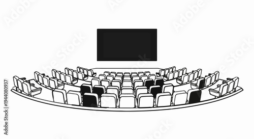 An auditorium with rows of empty seats facing a large screen